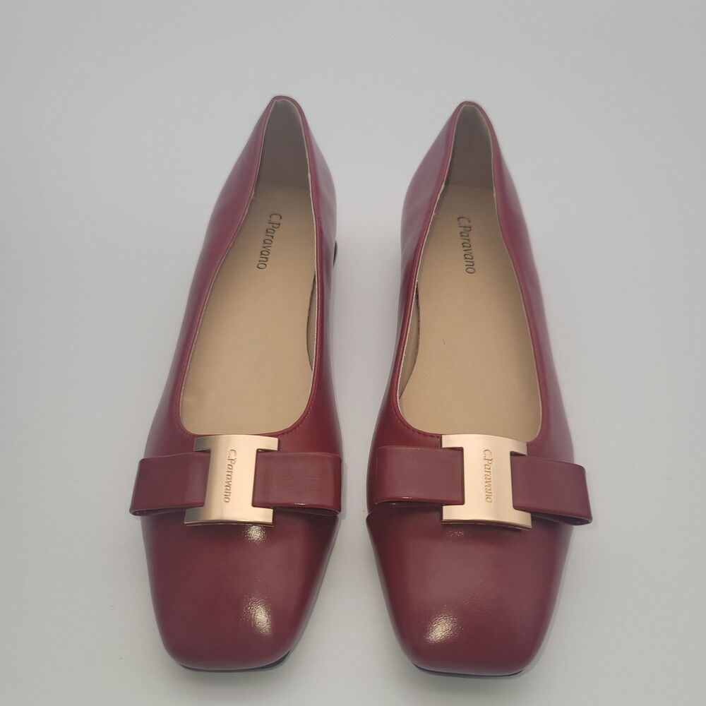 C.Paravano Flats Women Shoes US 8 EUR 38.5 Red Square Toe Metal Buckles Ballet - Picture 2 of 13